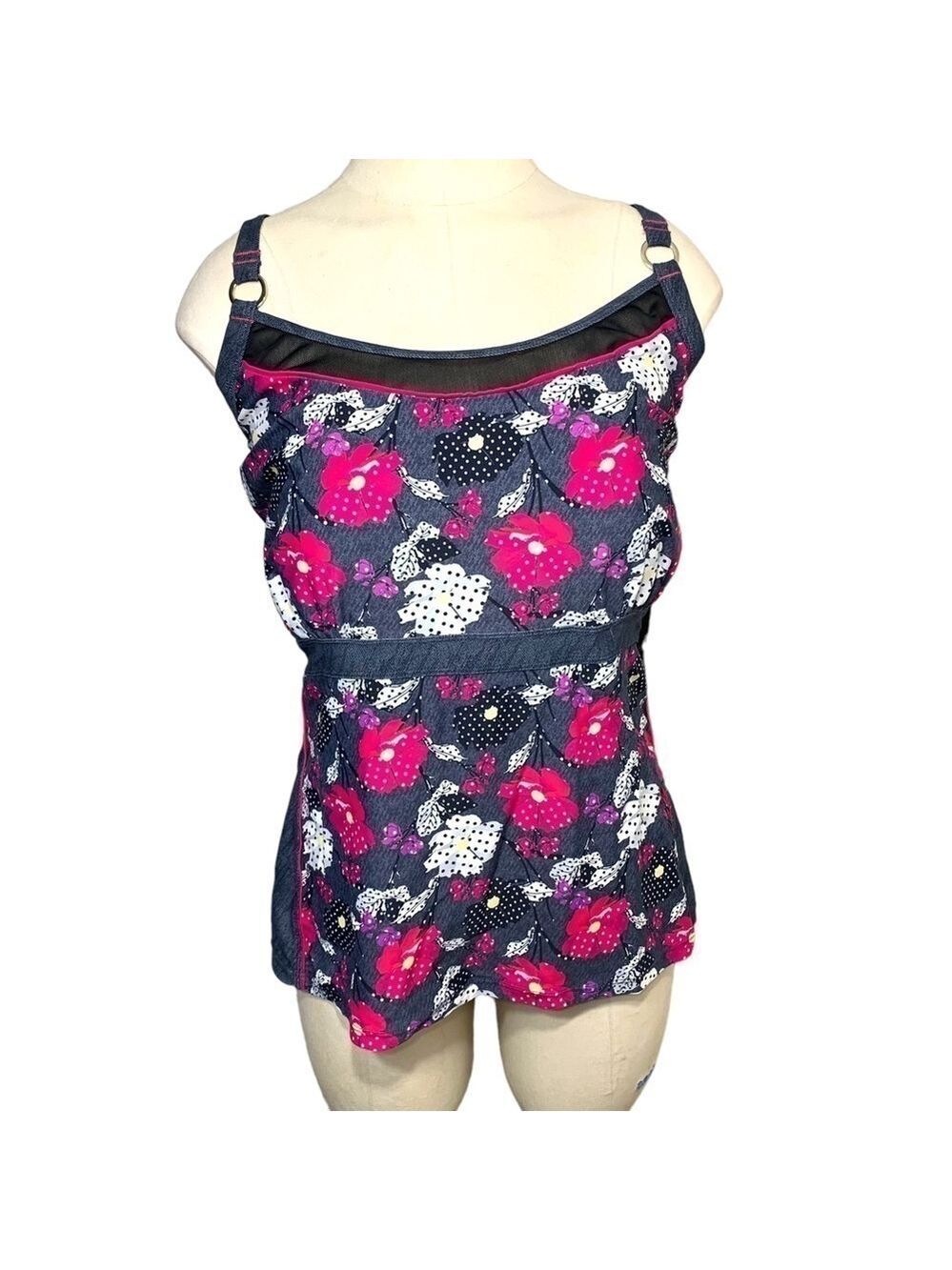 ILE Moorea Gray Floral Tankini Feminine Bathing Swim Top Built In Bra  Sz XL